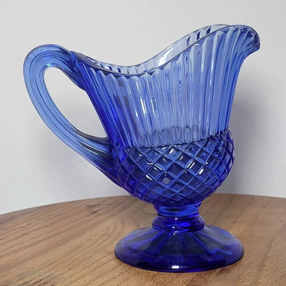 Vintage Avon Fostoria Glass Ribbed Cobalt Blue Mt. Vernon Creamer Sauce Pitcher